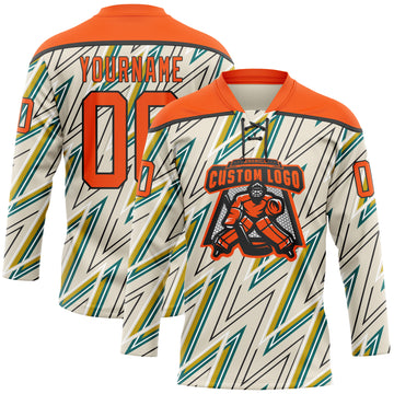 Custom Cream Orange Green Yellow-Black 3D Pattern Lightning Hockey Lace Neck Jersey