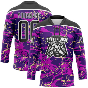 Custom Purple Black Cream-White 3D Pattern Lightning Hockey Lace Neck Jersey
