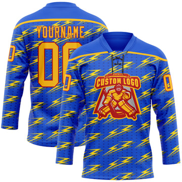 Custom Thunder Blue Gold-Red 3D Pattern Lightning Hockey Lace Neck Jersey