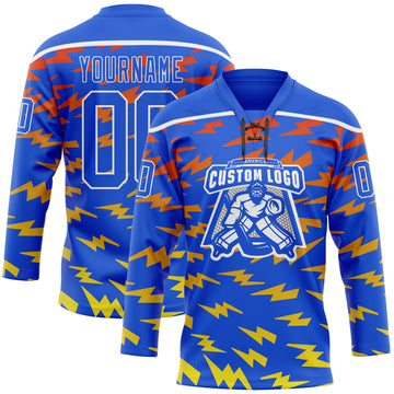 Custom Thunder Blue Red Yellow-White 3D Pattern Lightning Hockey Lace Neck Jersey