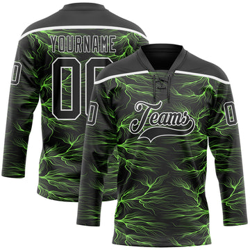 Custom Black Green-White 3D Pattern Lightning Hockey Lace Neck Jersey