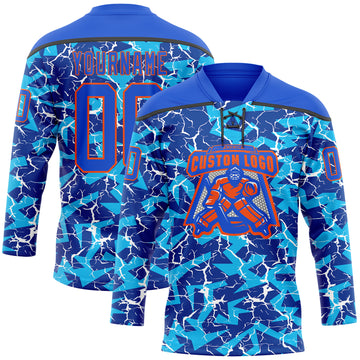 Custom Thunder Blue Orange-Black 3D Pattern Lightning Hockey Lace Neck Jersey