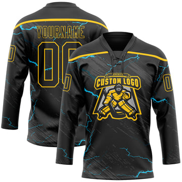 Custom Black Blue-Yellow 3D Pattern Lightning Hockey Lace Neck Jersey
