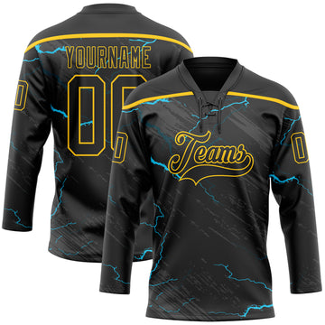 Custom Black Blue-Yellow 3D Pattern Lightning Hockey Lace Neck Jersey