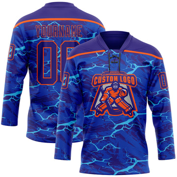 Custom Dark Purple Blue-Orange 3D Pattern Lightning Hockey Lace Neck Jersey