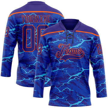 Custom Dark Purple Blue-Orange 3D Pattern Lightning Hockey Lace Neck Jersey
