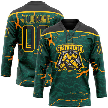 Custom Green Black Orange-Yellow 3D Pattern Lightning Hockey Lace Neck Jersey
