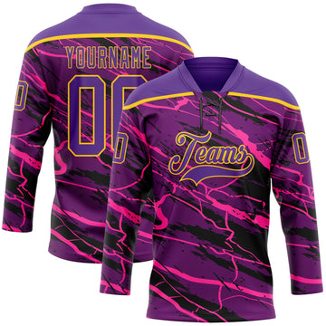 Custom Purple Black Pink-Yellow 3D Pattern Lightning Hockey Lace Neck Jersey