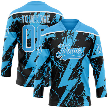 Custom Sky Blue Black-White 3D Pattern Lightning Hockey Lace Neck Jersey