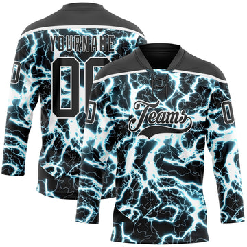 Custom Black Blue-White 3D Pattern Lightning Hockey Lace Neck Jersey