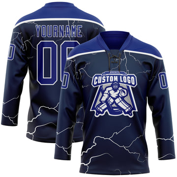 Custom Navy Royal-White 3D Pattern Lightning Hockey Lace Neck Jersey