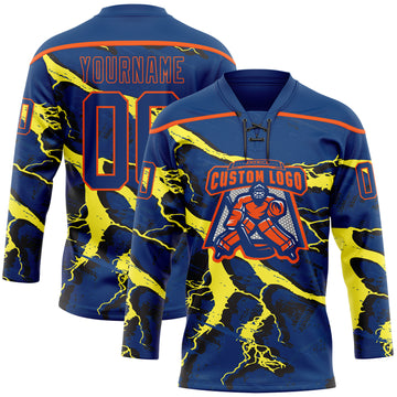 Custom US Navy Blue Yellow Black-Orange 3D Pattern Lightning Hockey Lace Neck Jersey