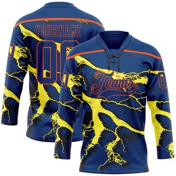 Custom US Navy Blue Yellow Black-Orange 3D Pattern Lightning Hockey Lace Neck Jersey