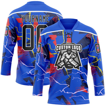 Custom Thunder Blue Black Red Yellow-White 3D Pattern Lightning Hockey Lace Neck Jersey