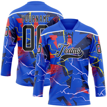 Custom Thunder Blue Black Red Yellow-White 3D Pattern Lightning Hockey Lace Neck Jersey