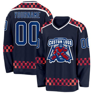 Custom Navy US Navy Blue Red-White 3D Pattern Plaid Hockey Jersey