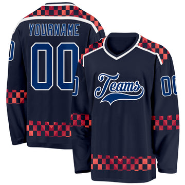Custom Navy US Navy Blue Red-White 3D Pattern Plaid Hockey Jersey