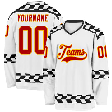 Custom White Red Gold-Black 3D Pattern Plaid Hockey Jersey