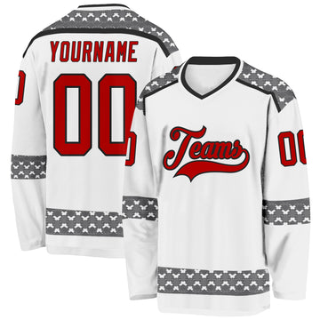 Custom White Red Gray-Black 3D Pattern Plaid Hockey Jersey