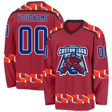 Custom Maroon Royal Orange Black-White 3D Pattern Plaid Hockey Jersey