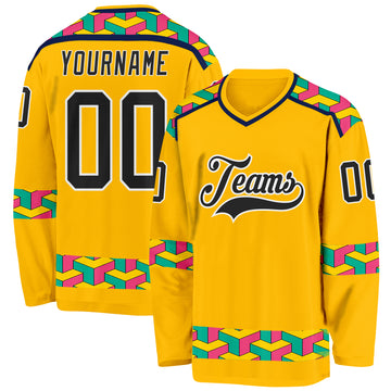 Custom Gold Black Navy Aqua Pink-White 3D Pattern Plaid Hockey Jersey