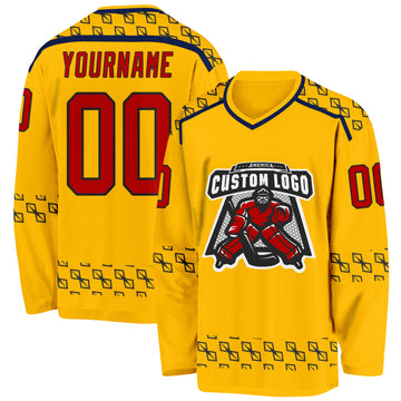Custom Gold Red Navy-Black 3D Pattern Plaid Hockey Jersey