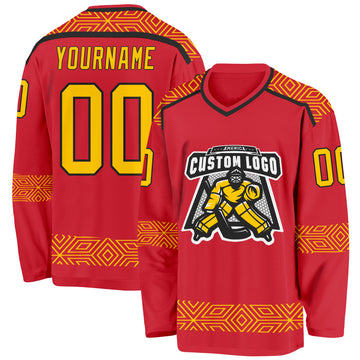 Custom Red Yellow-Black 3D Pattern Plaid Hockey Jersey