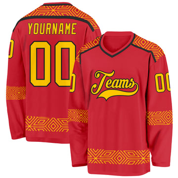 Custom Red Yellow-Black 3D Pattern Plaid Hockey Jersey