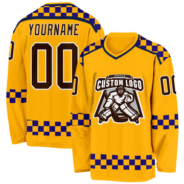 Custom Gold Brown Purple Navy-White 3D Pattern Plaid Hockey Jersey