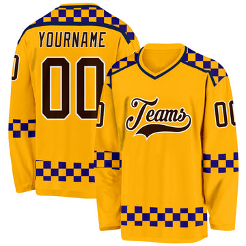 Custom Gold Brown Purple Navy-White 3D Pattern Plaid Hockey Jersey