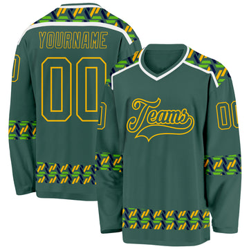 Custom Green Gold-White 3D Pattern Plaid Hockey Jersey