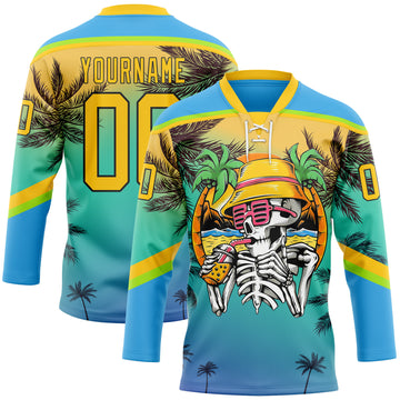 Custom Sky Blue Yellow Green-Black 3D Pattern Gradient Hawaii Tropical Palm Trees Hockey Lace Neck Jersey