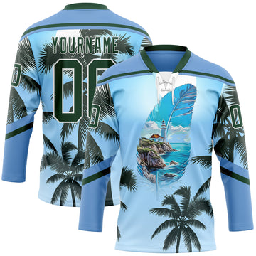 Custom Blue Green-White 3D Pattern Gradient Hawaii Tropical Palm Trees Hockey Lace Neck Jersey