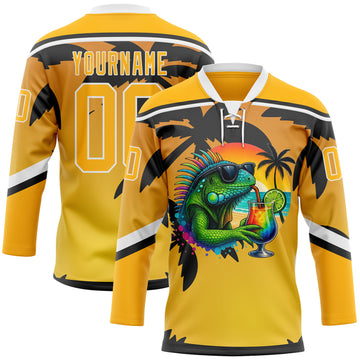 Custom Gold Black-White 3D Pattern Gradient Hawaii Tropical Palm Trees Hockey Lace Neck Jersey