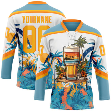 Custom Shadow Blue Gold Bay Orange-White 3D Pattern Hawaii Tropical Palm Trees Hockey Lace Neck Jersey