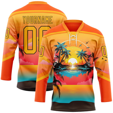 Custom Orange Gold Blue-Brown 3D Pattern Gradient Hawaii Tropical Palm Trees Hockey Lace Neck Jersey