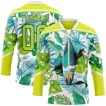 Custom Neon Yellow Neon Green Dark Purple-White 3D Pattern Hawaii Tropical Palm Trees Hockey Lace Neck Jersey