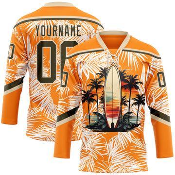Custom Bay Orange Olive-Cream 3D Pattern Hawaii Tropical Palm Trees Hockey Lace Neck Jersey