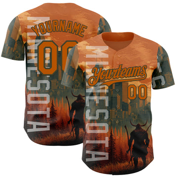 Custom Texas Orange Olive Minnesota Sunset Cityscape Vikings City Symbol Authentic Baseball Jersey