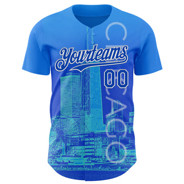 Custom Blue Thunder Blue-White Chicago Illinois Cityscape Skyline City Symbol Authentic Baseball Jersey
