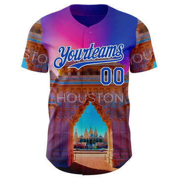 Custom Pink Thunder Blue Orange-White Houston Texas Hindu Temple Landmark City Symbol Authentic Baseball Jersey