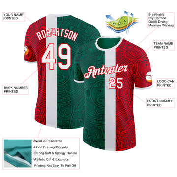 Custom Kelly Green White-Fire Red Mexico Tribal Performance T-Shirt