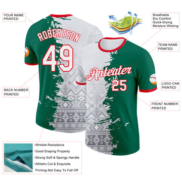 Custom White Kelly Green-Fire Red Mexico Tribal Performance T-Shirt