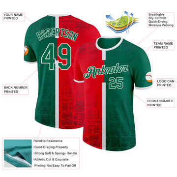 Custom Fire Red Kelly Green-White Mexico Tribal Performance T-Shirt