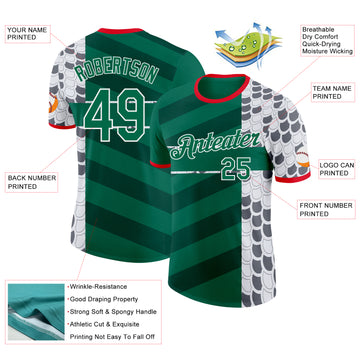 Custom Kelly Green White Fire Red-Gray Mexico Snake Python Print Performance T-Shirt