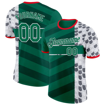 Custom Kelly Green White Fire Red-Gray Mexico Snake Python Print Performance T-Shirt