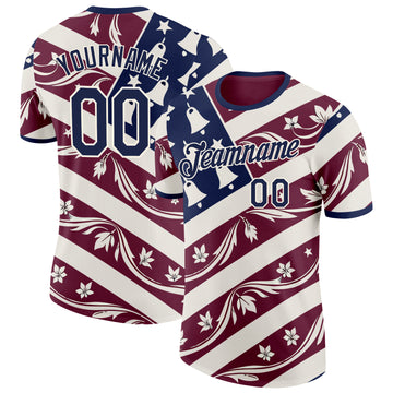 Custom Red Blue-Cream American Flower Performance T-Shirt