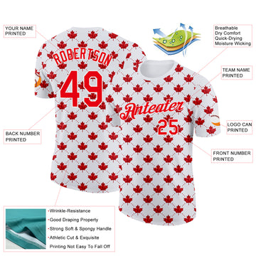 Custom White Fire Red Canada Maple Leaf Plaid Performance T-Shirt