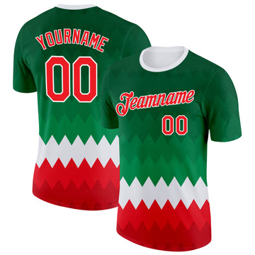 Custom Green Red-White Italy Geometric Shape Performance T-Shirt