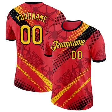 Custom Red Yellow-Black Belgium Polka Dot Performance T-Shirt